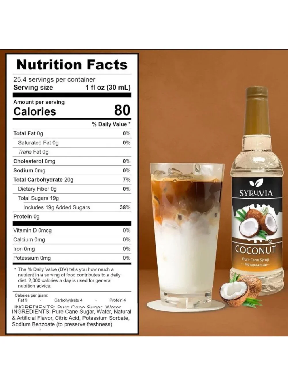 Syruvia Coconut Pure Cane Sugar , Coffee Syrup – 750ml~25.4 fl oz  Exp 8/2027